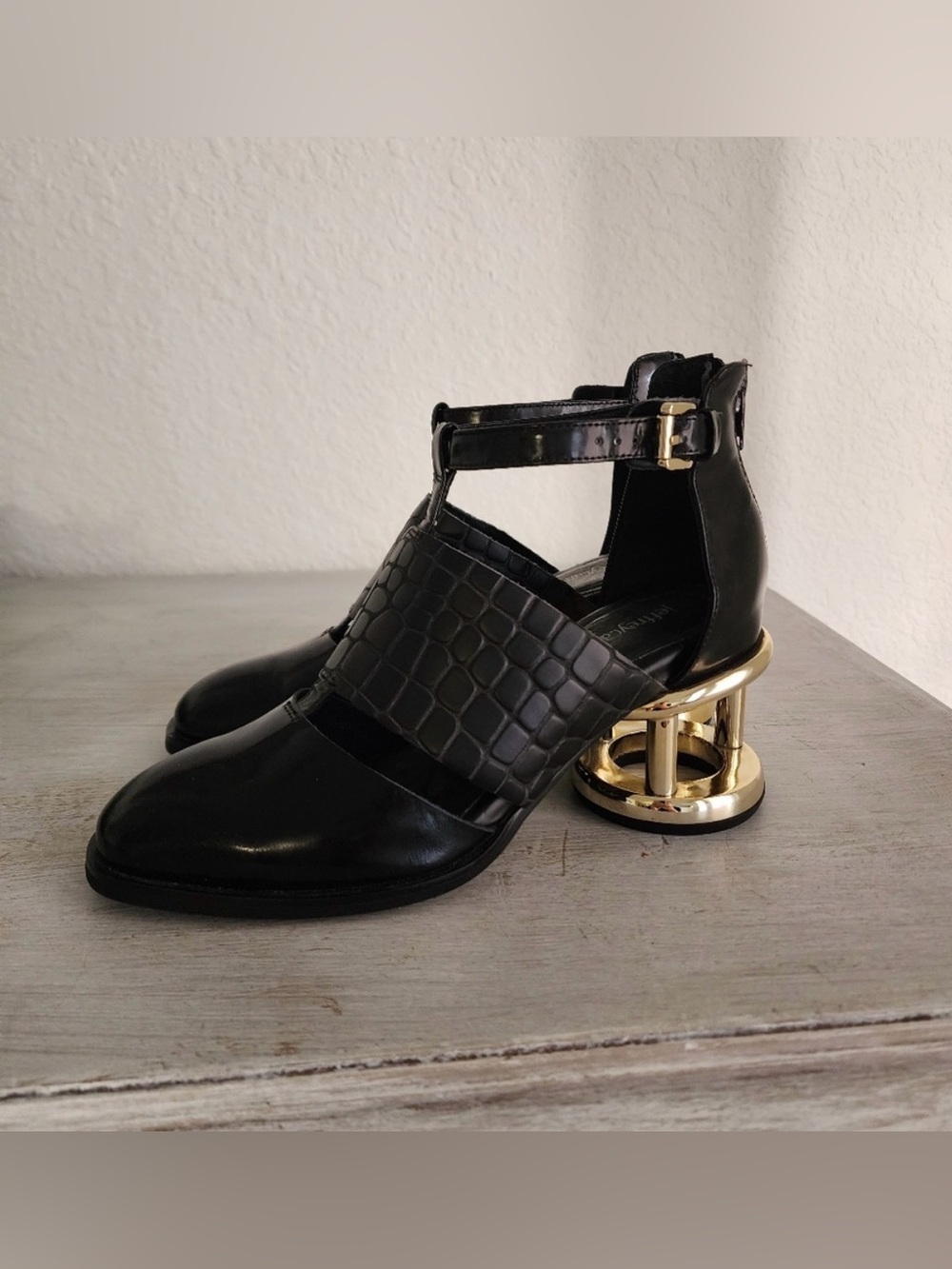Jeffrey Campbell Mirrored Gold Cage Heel Bootie